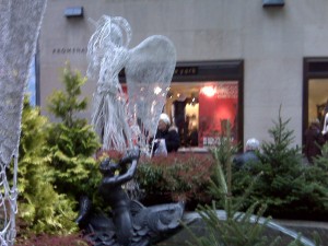 Rockefeller Center. No Christmas tree yet but an angel and a fish fountain are almost as good.