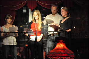 From left to right, Ron Hogan, Maya Rodale, Joanne Rendell, Tony Haile and Leanna Renee Hieber take the stage to read a scene from Joanne's "Crossing Washington Square."