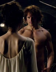 Catriona Balfe and Sam Heughan in Outlander, based on the historical fiction novels by Diana Gabaldon